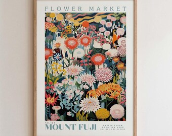 Mount Fuji Flower Market Print, Romantic Botanical Cityscape Wall Art