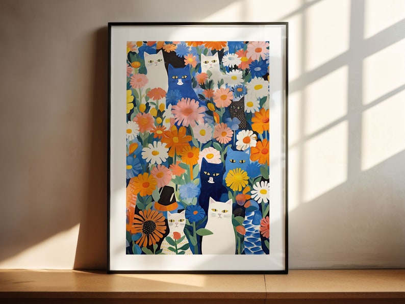 Katze im Garten, Blumen und Katzen, blaue Wandkunst, Blumenkunstdruck, Katzenkunstdruck, Katzenillustration, florale Wanddekoration, Geschenke für Katzenliebhaber Bild 2