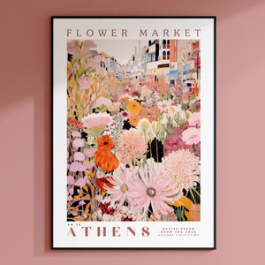 Flower Market Poster, Athens Travel Art, Trendy Wall Art, Pink and Orange Wall Art, Botanical Wall Art, Floral Illustration, Greece Wall Art