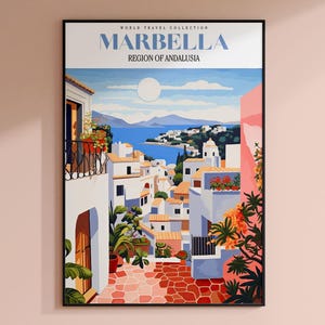 Marbella reisposter, Spanje print, Marbella muurkunst, vintage poster, retro poster, stadsmuurkunst, Europese muurkunst, Marbella poster