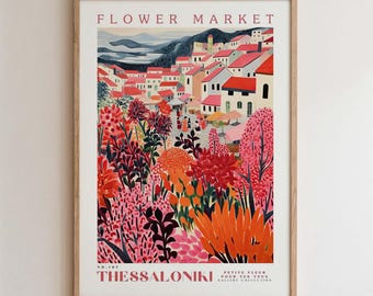 Thessaloniki Flower Market Print, Romantic Botanical Cityscape Wall Art