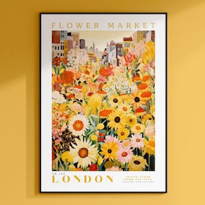Stampa del mercato dei fiori di Londra, arte di viaggio di Londra, grande poster moderno, arte murale botanica, arte gialla, arte murale alla moda, illustrazione floreale