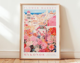 Mykonos, Flower Market Prints,  Flower Prints, Romantic Art, City Prints, Travel Art Prints, Botanical Prints, Floral Print, Wall Art