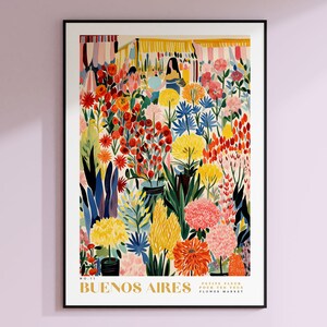 Flower Market Print, Floral illustration Buenos Aires, Argentina Travel Art, Buenos Aires Flower Wall Art, Pink Flower Poster, Red Flowers