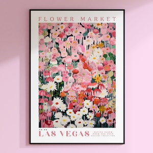 Las Vegas Flower Market Poster, USA Travel Art, Botanical Wall Decor, Pink Marguerite Daisy, Floral Illustration, White Daisy Wall Art image 1