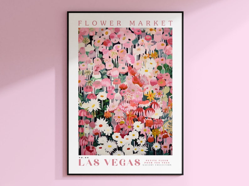Las Vegas Flower Market Poster, USA Travel Art, Botanical Wall Decor, Pink Marguerite Daisy, Floral Illustration, White Daisy Wall Art image 1