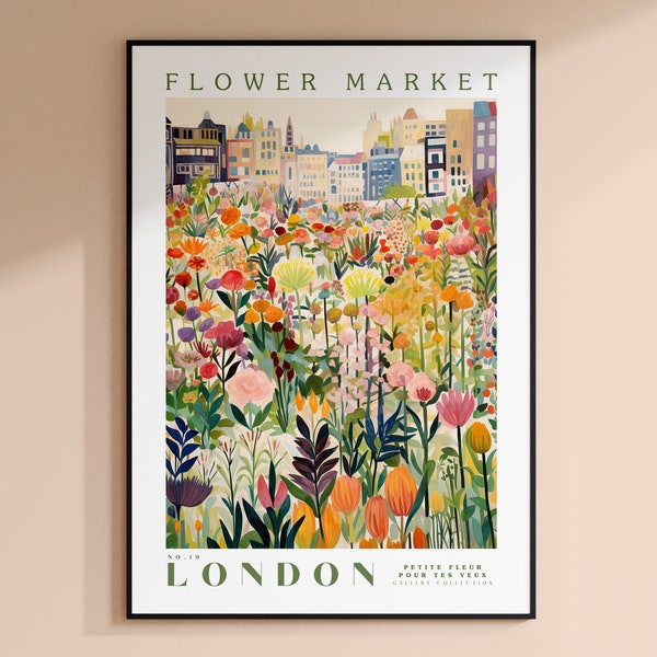 Blumenmarkt London Druck, London Reisekunst, großes modernes Poster, botanische Wandkunst, grüne Wandkunst, trendige Wandkunst, Blumenillustration