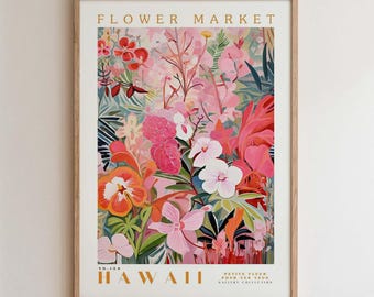 May include: A framed art print featuring a vibrant floral arrangement with pink, red, orange, and white flowers. The print includes the text "FLOWER MARKET" and "HAWAII" in a gold font. The artwork has a botanical theme.