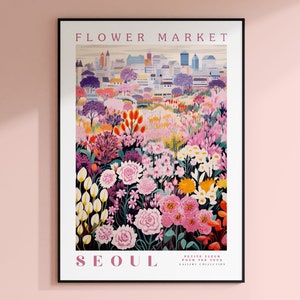 Seoul Flower Market Poster, South Korean Floral Art, South Korea Travel Print, Korea Wall Art, Pink Flower Poster, Red Peony, Christmas Gift