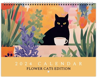 Katze Wandkalender, Wandkalender Kunst, 2024 Wandkalender, 12-Monatskalender, Monatskalender, Illustrierter Kalender, Weihnachtsgeschenk
