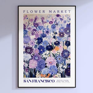 San Francisco Flower Market Poster, California Travel Art, Botanical Wall Decor, Purple Peonys, Floral Illustration, Purple Wall Art, USA