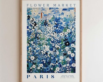 Può includere: Una stampa artistica incorniciata intitolata "Flower Market Paris" con un design floreale nei toni del blu, bianco e verde. L'opera raffigura un campo di fiori con un paesaggio urbano sullo sfondo. La stampa è in una cornice di legno.