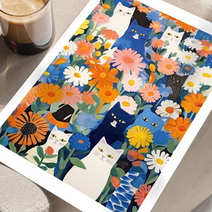 Katze im Garten, Blumen und Katzen, blaue Wandkunst, Blumenkunstdruck, Katzenkunstdruck, Katzenillustration, florale Wanddekoration, Geschenke für Katzenliebhaber Bild 3