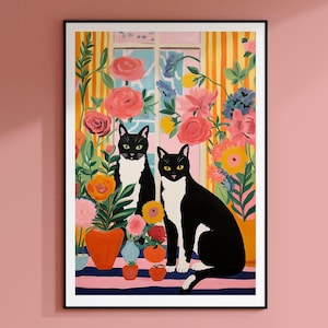 Katze Kunst, braune Katze Dekor, Katze Kunstdruck, Katze Zeichnung, Katze Illustration, Katze Poster, Katzen Wandkunst, Katzenliebhaber Geschenk, Katzendame Geschenk, Blumen Kunst