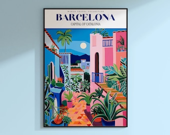 Barcelona Travel Poster, Barcelona Poster, Europe Print, Spain Art Print, Travel Art Print, Park Guell, Spain City Poster, Trendy Wall Art