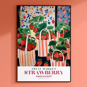 Aardbeienmarkt, vintage fruitkunst, poster fruitmarkt, poster aardbei, rode print, kleurrijke muurkunst, fruitprint, trendy poster