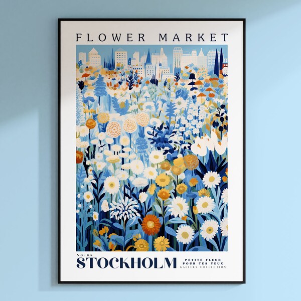 Stockholm Flower Market Poster, Sweden Travel Art, Christmas Gift, Botanical Wall Art, Blue Wall Art, Trendy Wall Art, Floral Illustration