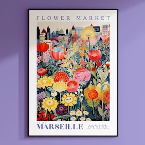 Blumenmarkt Marseille Druck, Frankreich Reisekunst, trendige Wandkunst, botanische Wandkunst, lila Kunst, lila Rose, Blumenillustration