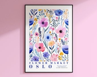 Oslo Blumenmarkt Poster, Norwegen Reisekunst, Botanische Wandkunst, Blumenwandkunst, Blumenillustration, Kinderzimmer Wandkunst, Rosa Rot