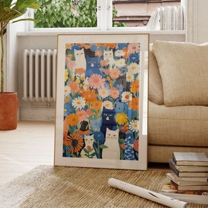 Katze im Garten, Blumen und Katzen, blaue Wandkunst, Blumenkunstdruck, Katzenkunstdruck, Katzenillustration, florale Wanddekoration, Geschenke für Katzenliebhaber Bild 4