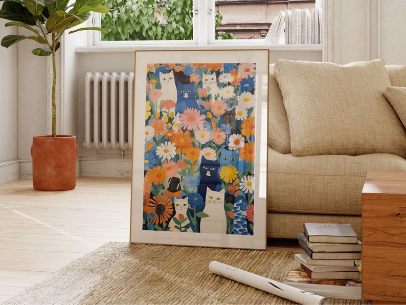 Katze im Garten, Blumen und Katzen, blaue Wandkunst, Blumenkunstdruck, Katzenkunstdruck, Katzenillustration, florale Wanddekoration, Geschenke für Katzenliebhaber Bild 4