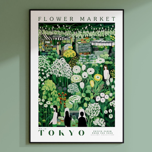 Tokyo Flower Market Poster, Tokyo Floral Art, Japan Travel Poster, Japan Wall Art, Emerald Green Poster, Botanische Muurkunst, Japan City Art