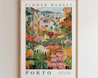 Può includere: Una stampa artistica incorniciata intitolata "Flower Market" con una vivace composizione floreale in primo piano e un paesaggio urbano sullo sfondo. La stampa include la parola "Porto" e altro testo. L'opera d'arte è in una cornice di legno.