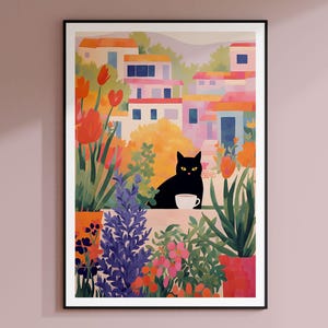 Coffee Cat Poster, Flowers and Cats, Flower Art Print, Cat Art Print, Cat Illustration, Spain Cat Art, Gifts for Cat Lovers, Black and White