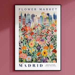 Póster del Mercado de Flores de Madrid, Impresión de España, Arte mural de Madrid, Ilustración floral, Arte mural urbano, Arte mural europeo, Póster de Madrid, Regalo floral