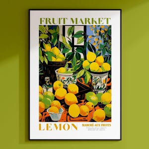 Citroenfruitmarkt, vintage fruitkunst, poster fruitmarkt, poster citroen, gele muurkunst, kleurrijke muurkunst, fruitprint, trendy poster
