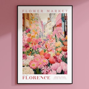 Impresión del Mercado de Flores de Florencia, Arte de Viaje a Italia, Póster Moderno Grande, Arte Mural Botánico, Flores Rosadas, Arte Mural Moderno, Ilustración Floral