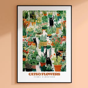 Black Cat Wall Art, Cat Gardeners, Cat Flower Poster, Funny Cats, Black and White Cat, Green Flower art, Eclectic Wall Art, Cat lovers gift