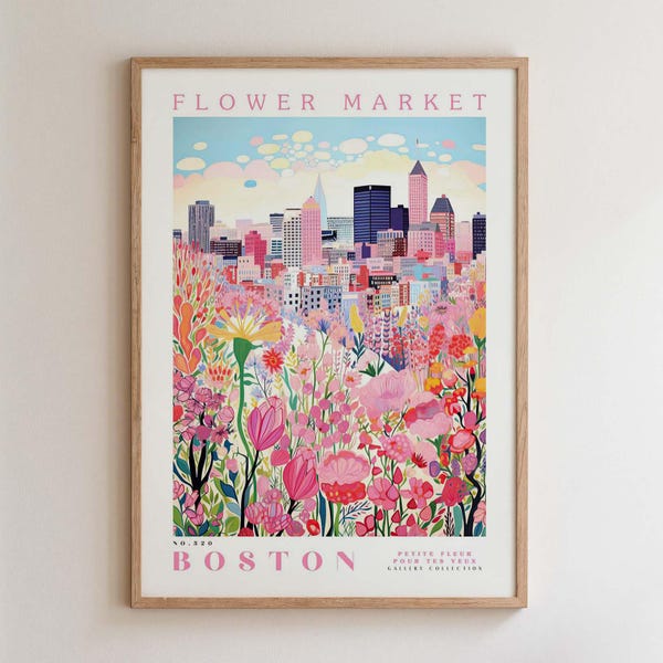 Print Boston Flower Market, muurkunst romantisch botanisch stadsgezicht