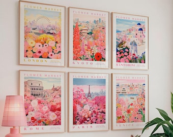 Set of 6 - Flower Market Wall Art – Romantic Floral Art - City Art Print - Pink Posters - Physical Prints