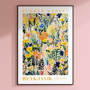 Reykjavik Blumenmarkt Poster, Island Reisekunst, großes modernes Poster, Botanische Wandkunst, Blumendekor Poster, Blumengarten Wandkunst