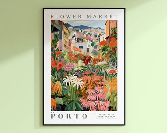 Flower Market Porto Print, Portugal Travel Art, Porto Poster, Botanical Wall Art, Green Wall Art, Pink and Orange Wall Art, Trendy Wall Art