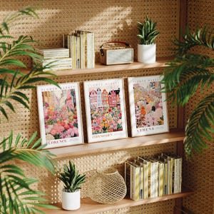 Impression du marché aux fleurs, lot de 3, téléchargement immédiat, illustration florale, art mural botanique, affiches florales, art mural tendance, rose et violet