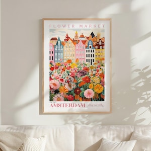 a vibrant poster of the Flower Market in Amsterdam, with colorful buildings and flowers in the foreground.