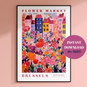 Flower Market Print Brussels, Instant Download, Botanical Wall Art, Floral Decor Posters, Brussels Travel Poster, Red and Pink Wall Art