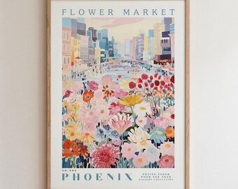 Phoenix Flower Market Print, Romantic Botanical Cityscape Wall Art