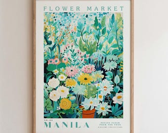 Pode incluir: Uma impressão artística emoldurada intitulada "Flower Market" com uma ilustração floral colorida. A obra de arte apresenta uma variedade de flores em tons de rosa, amarelo, branco e azul, com o nome da cidade "Manila" na parte inferior.