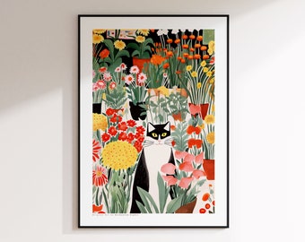 Gatto in giardino, fiori e gatti, arte verde e rossa, stampa artistica di fiori, stampa artistica di gatto, illustrazione di gatto, decorazione floreale da parete, regali per gli amanti dei gatti