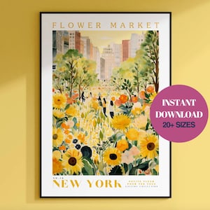 New York Blumenmarkt Print, sofortiger Download, botanische Wandkunst, gelbe Herbst Sonnenblumen, NYC City Print, USA Reisekunst, Digitaldruck