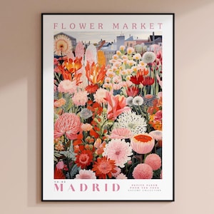 Madrid Flower Market Poster, Spain Print, Madrid Wall Art, Floral Illustration, City Wall Art, European Wall Art, Madrid Poster, Red Flowers