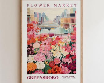 Greensboro Flower Market Print, Romantic Botanical Cityscape Wall Art