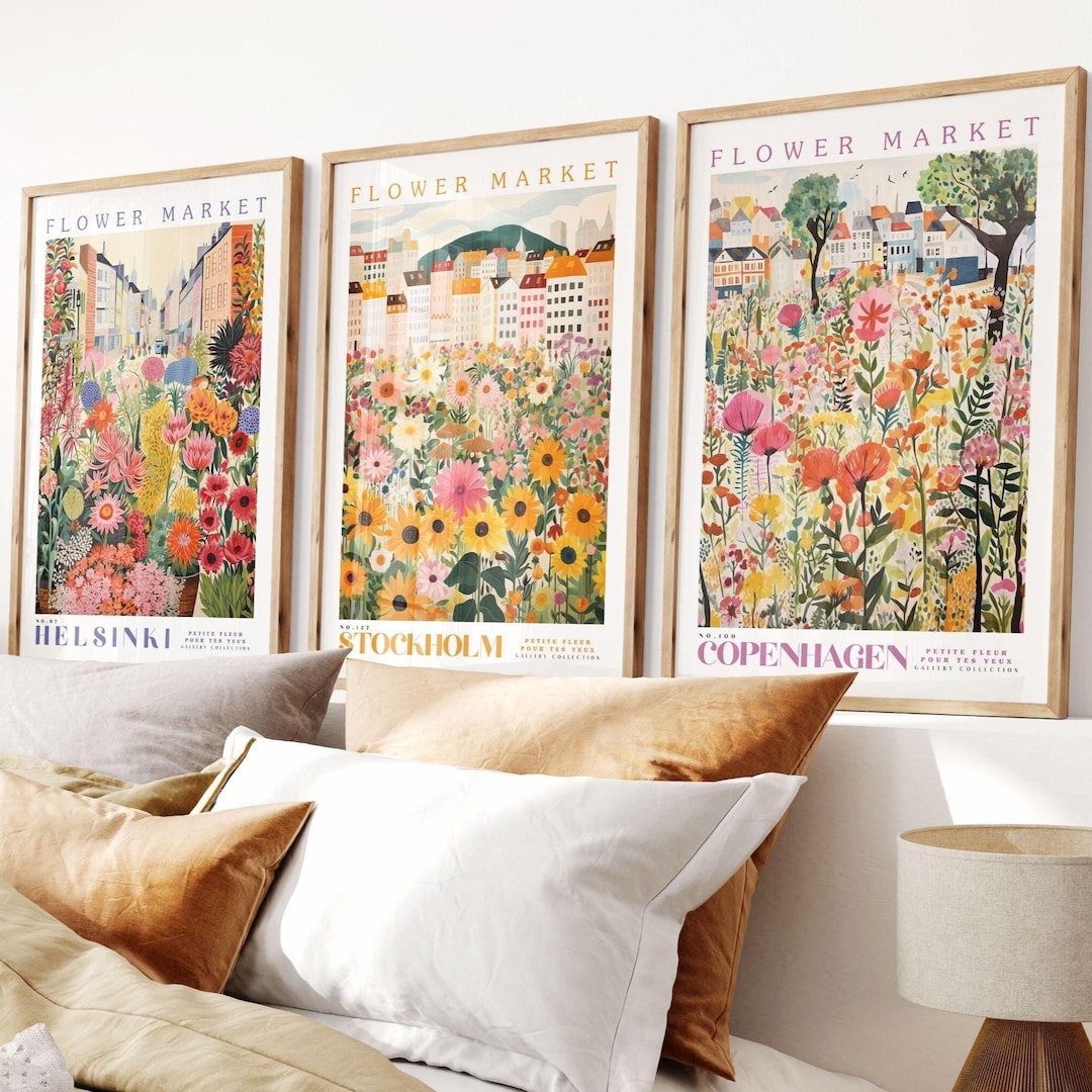 Set of 3 Prints, Flower Market Poster, Wall Art Bundle, Botanical Wall ...