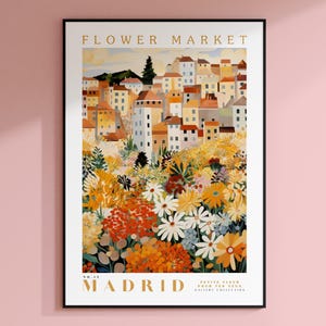 Madrid Blumenmarkt Poster, Spanien Reisekunst, trendige Wandkunst, botanische Wanddekoration, großes modernes Poster, weiße Gänseblümchen und rote Pfingstrose