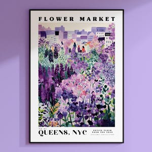 Impressão do Mercado de Flores da Rainha, Arte de Viagem pela Cidade de Nova York, Pôster Moderno Grande, Decoração de Parede Botânica, Arte de Flores Roxas e Azuis, Jardim de Flores