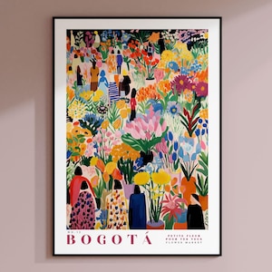 Impresión del mercado de flores de Bogotá, arte de viaje a Bogotá, póster moderno grande, arte mural botánico, arte mural verde, arte mural de moda, ilustración floral