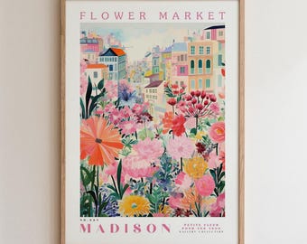 Madison Flower Market Print, Romantic Botanical Cityscape Wall Art
